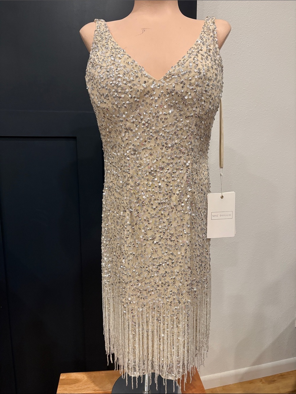 626. Mac Duggal Champagne Beaded V-Neck Fringe Mini Dress